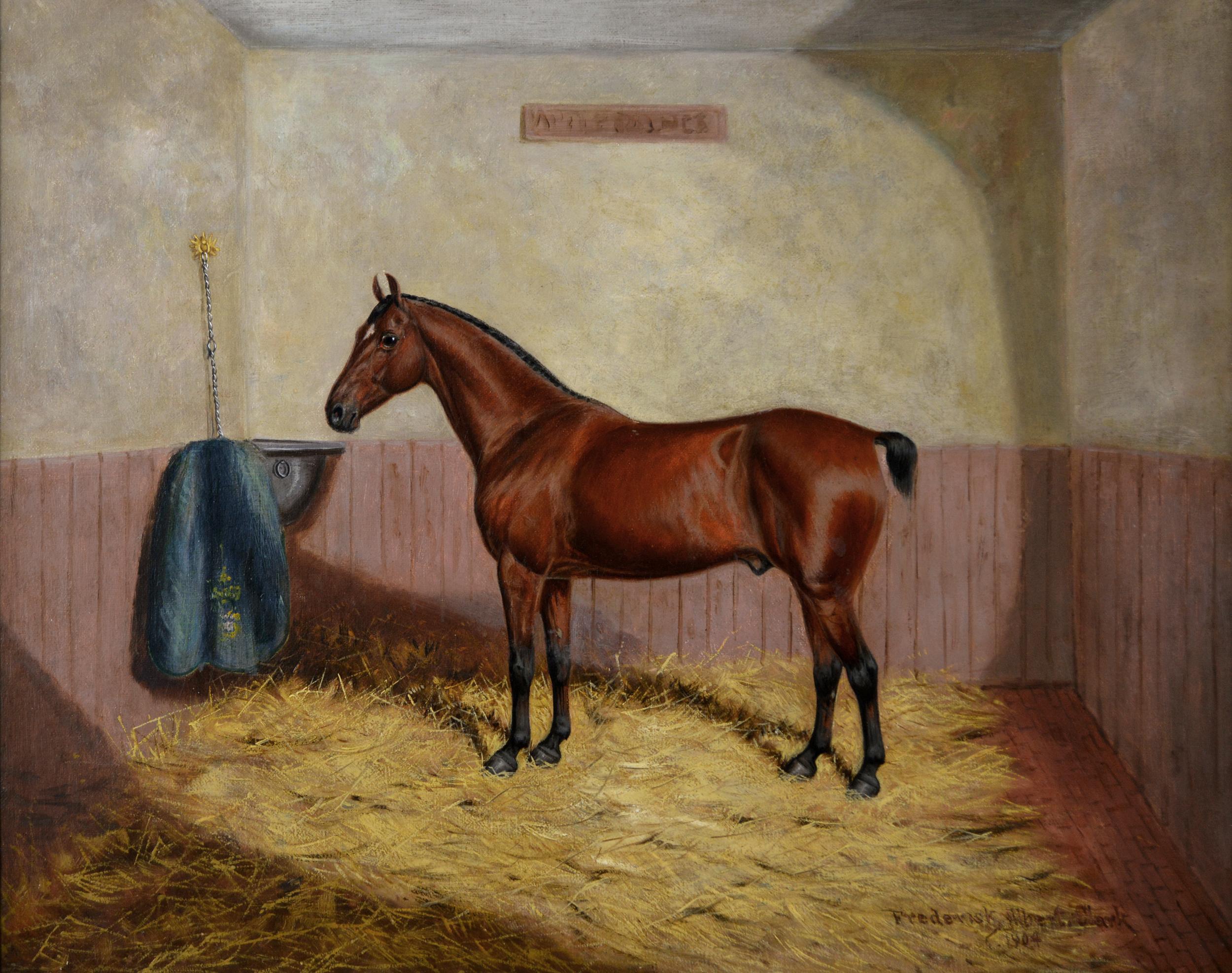 Late 19th Century oil painting of a horse in a stable - Painting by Frederick Albert Clark