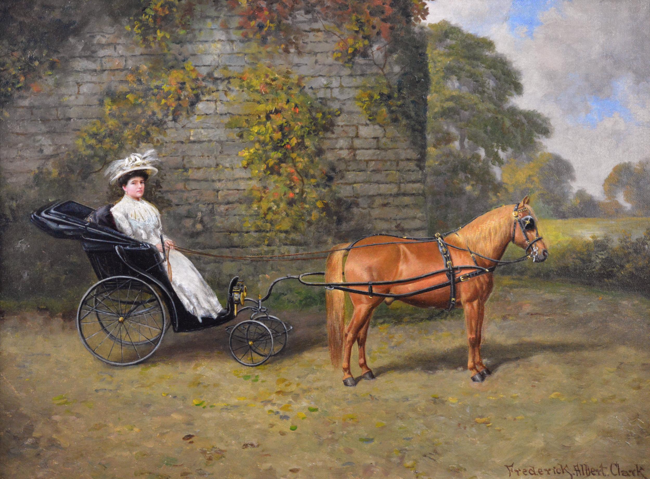 Oil painting of a lady in a Pony Phaeton - Painting by Frederick Albert Clark