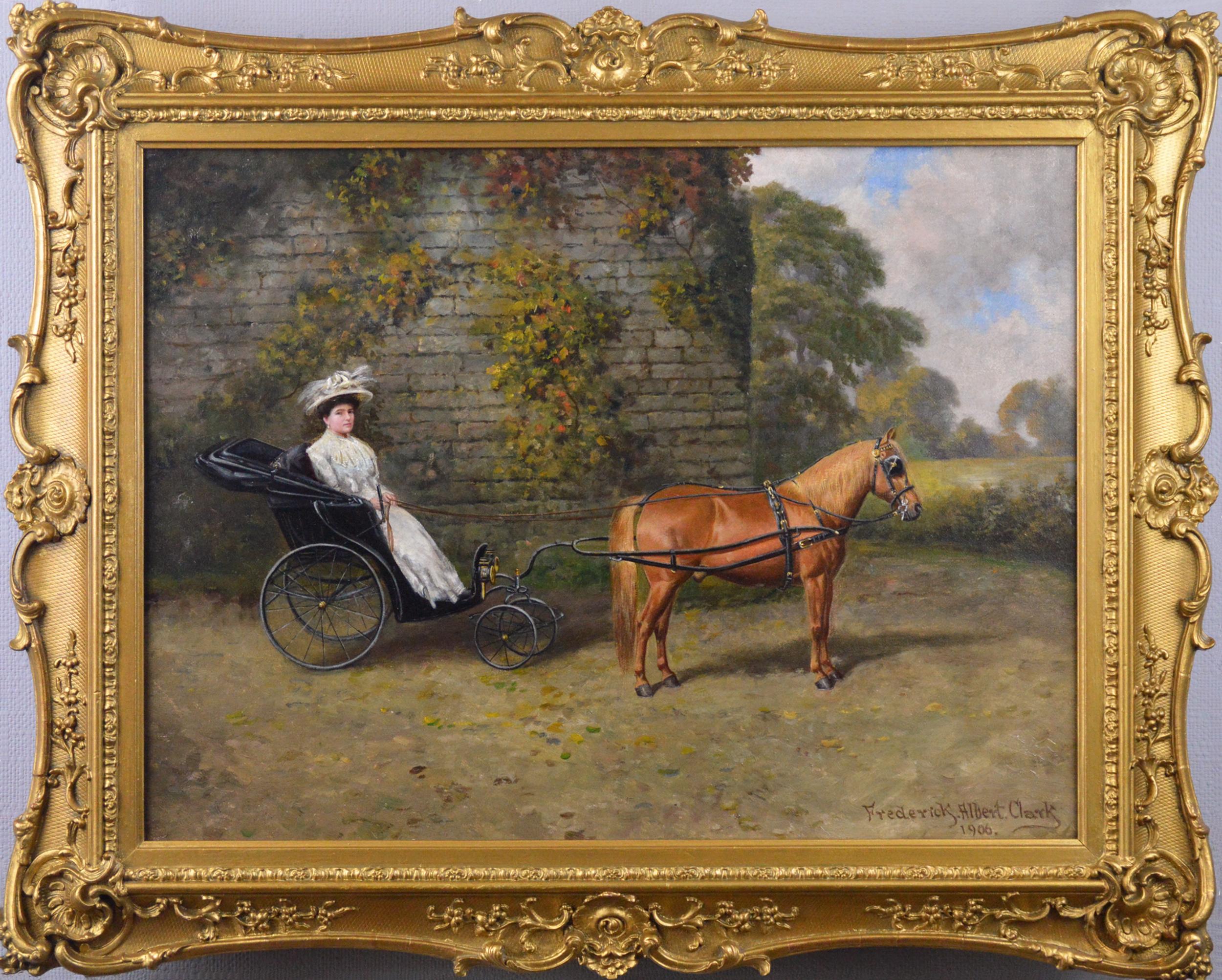 Frederick Albert Clark Figurative Painting - Oil painting of a lady in a Pony Phaeton 