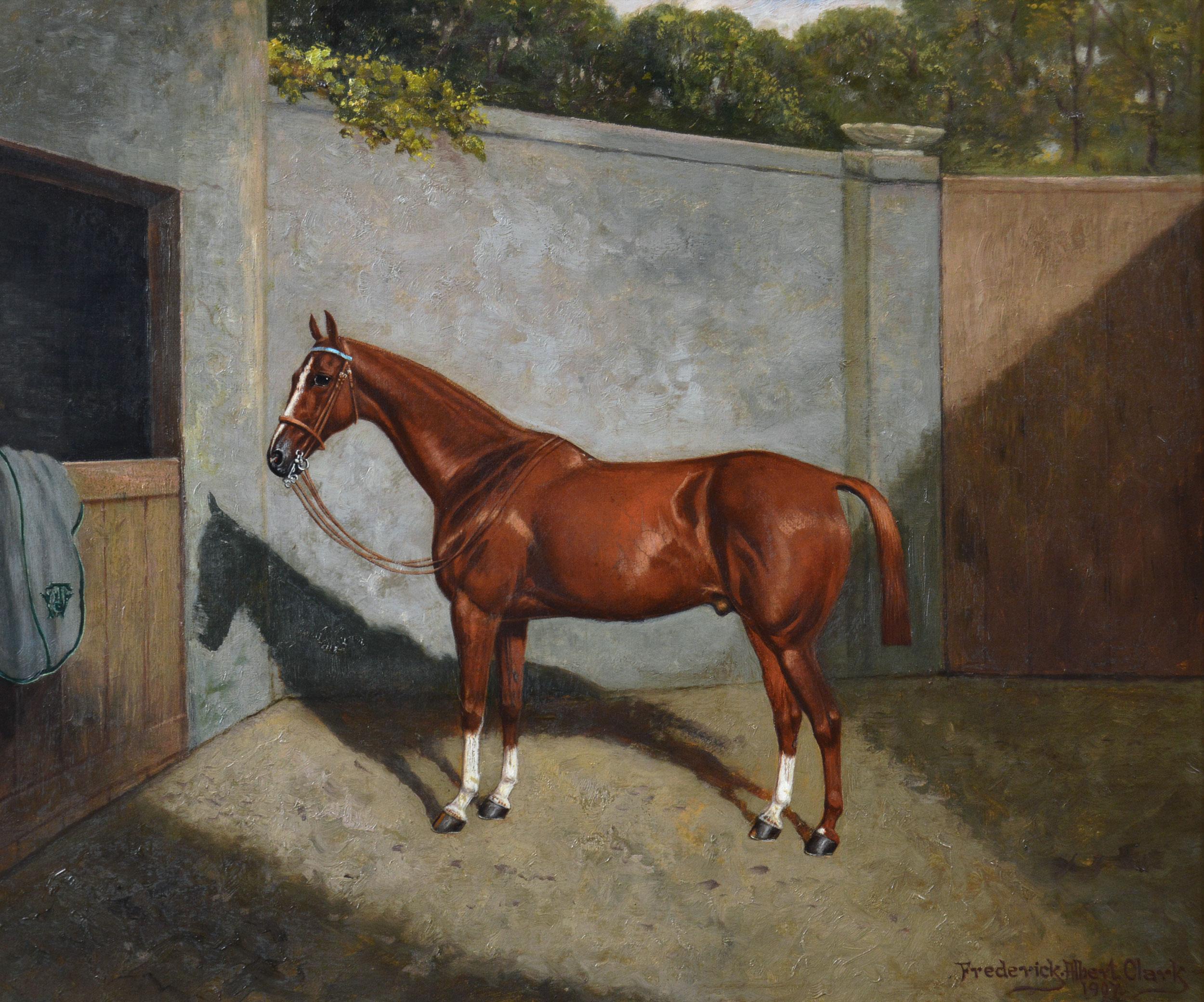 Sporting horse portrait oil painting of a chestnut hackney gelding - Painting by Frederick Albert Clark