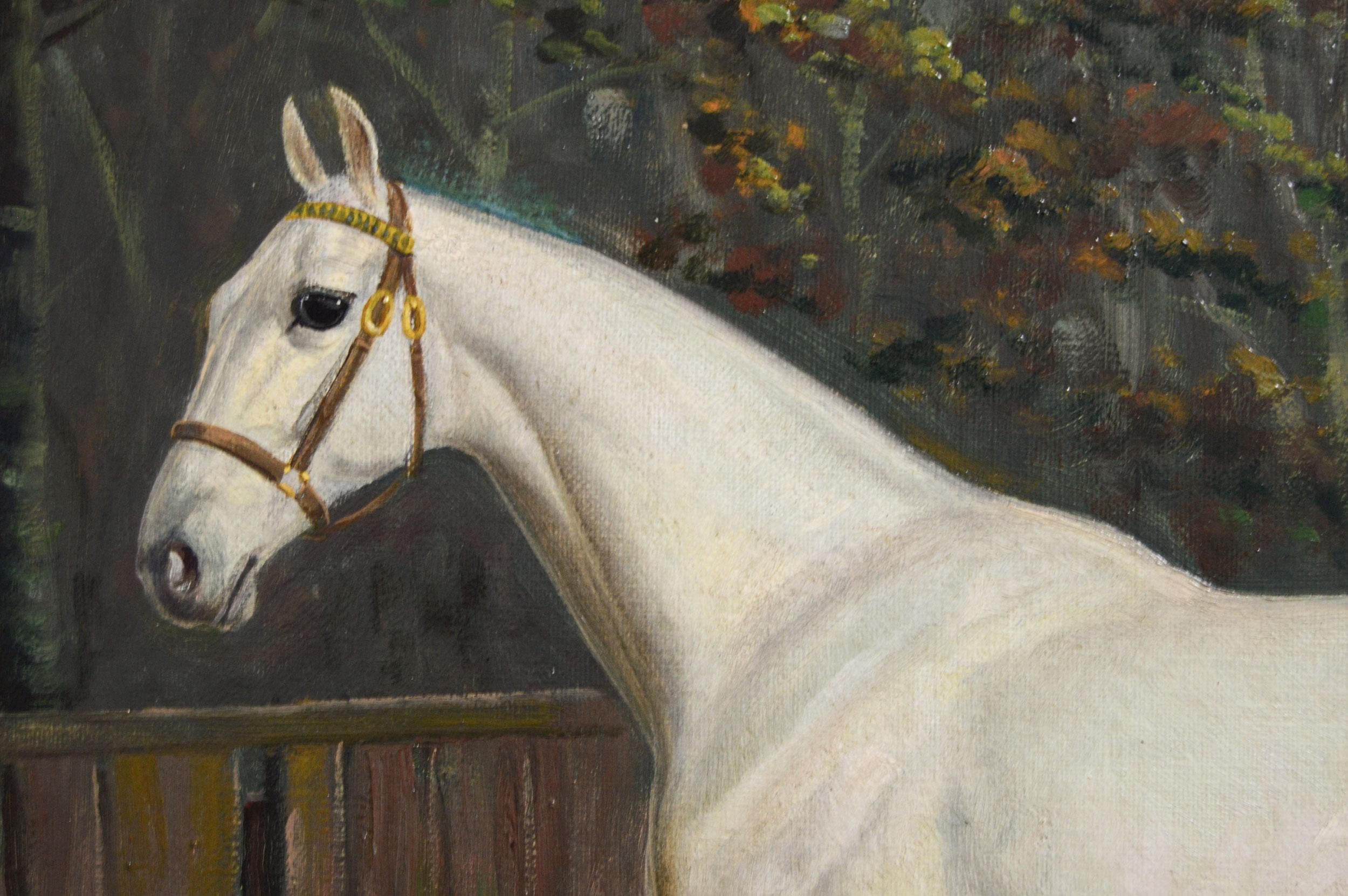 Sporting horse portrait oil painting of a prize winning grey mare - Victorian Painting by Frederick Albert Clark