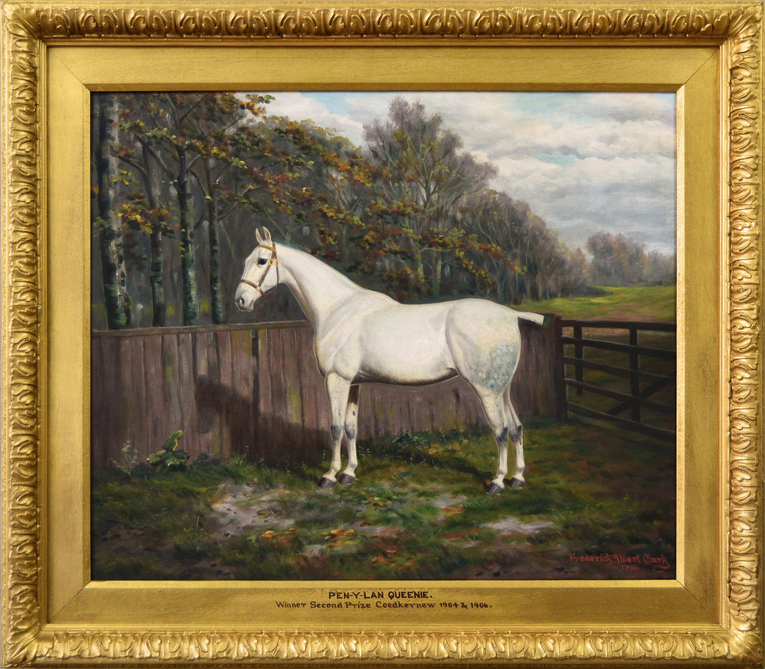 Frederick Albert Clark Animal Painting - Sporting horse portrait oil painting of a prize winning grey mare