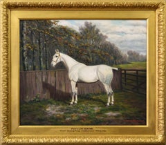 Antique Sporting horse portrait oil painting of a prize winning grey mare