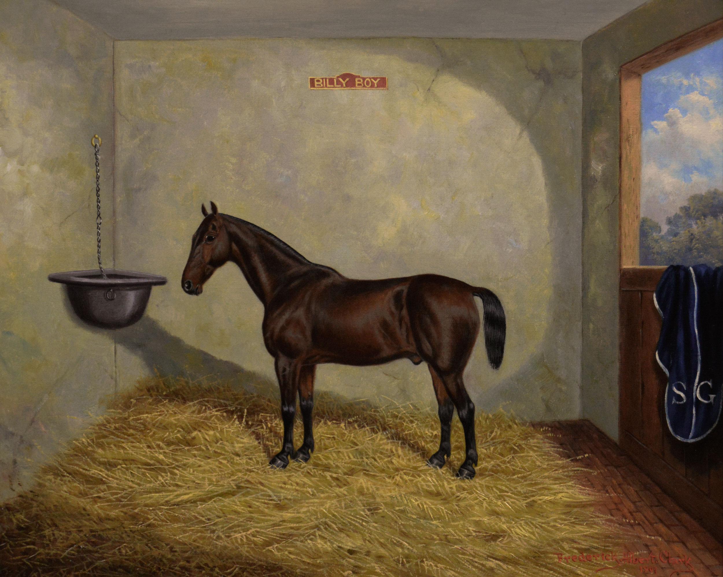 Sporting horse portrait oil painting of a race horse in a stable - Painting by Frederick Albert Clark