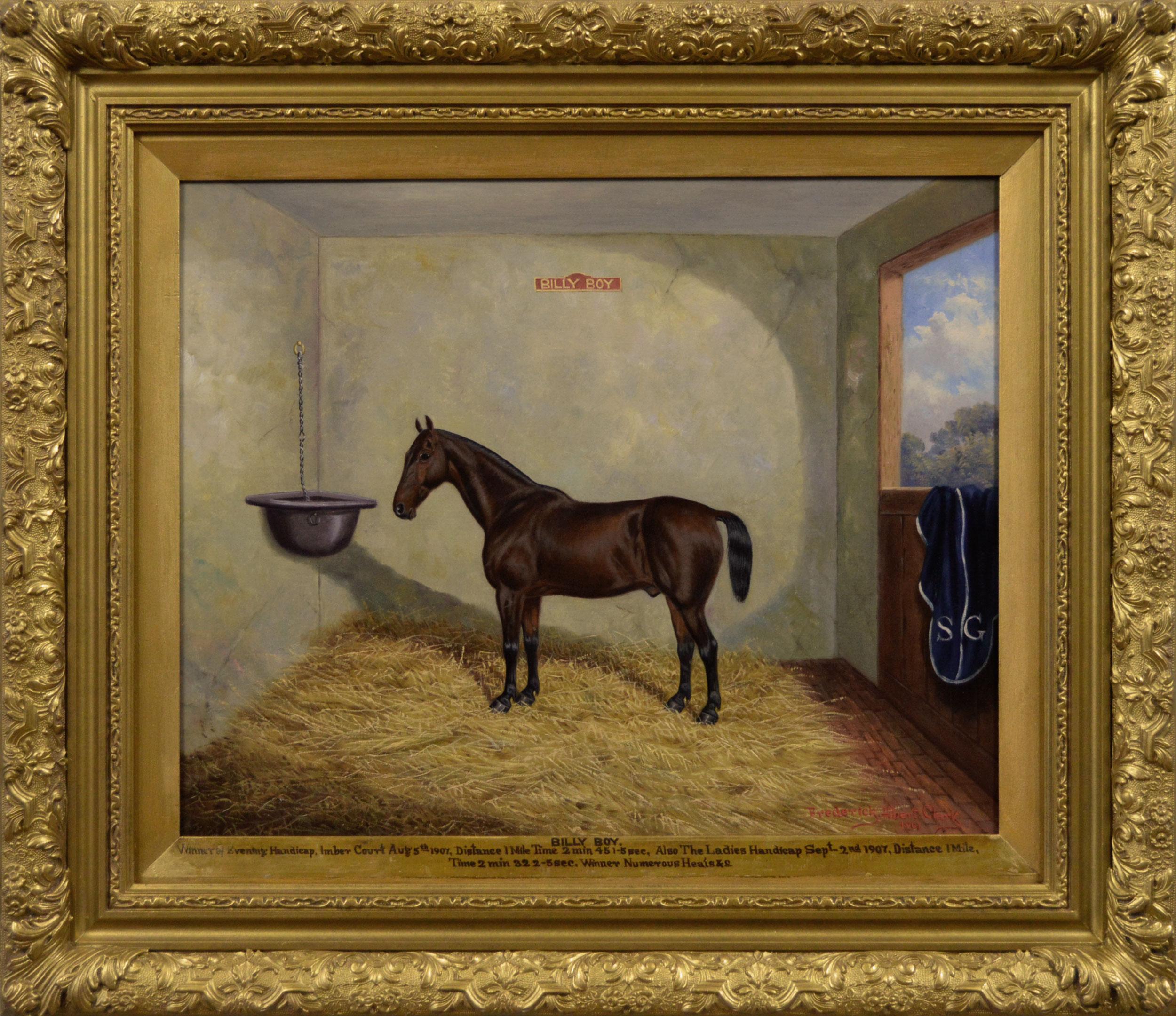 Frederick Albert Clark Animal Painting - Sporting horse portrait oil painting of a race horse in a stable