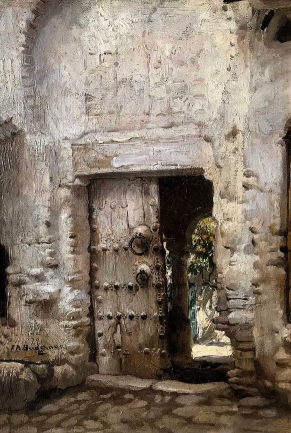 Ancient Doorway, American mid 19th Century Oil - Painting by Frederick Arthur Bridgman