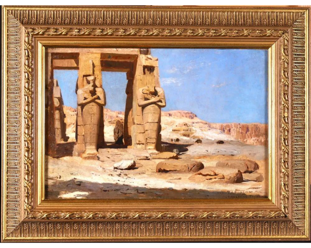 Landscape Painting Frederick Arthur Bridgman - Colossi de Memnon, gypte Rare peinture de paysage orientaliste de F.A. Bridgman