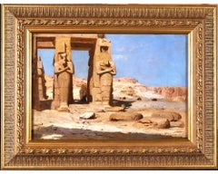 "Colossi of Memnon, Egypt" Rare Orientalist Landscape Painting by F.A. Bridgman