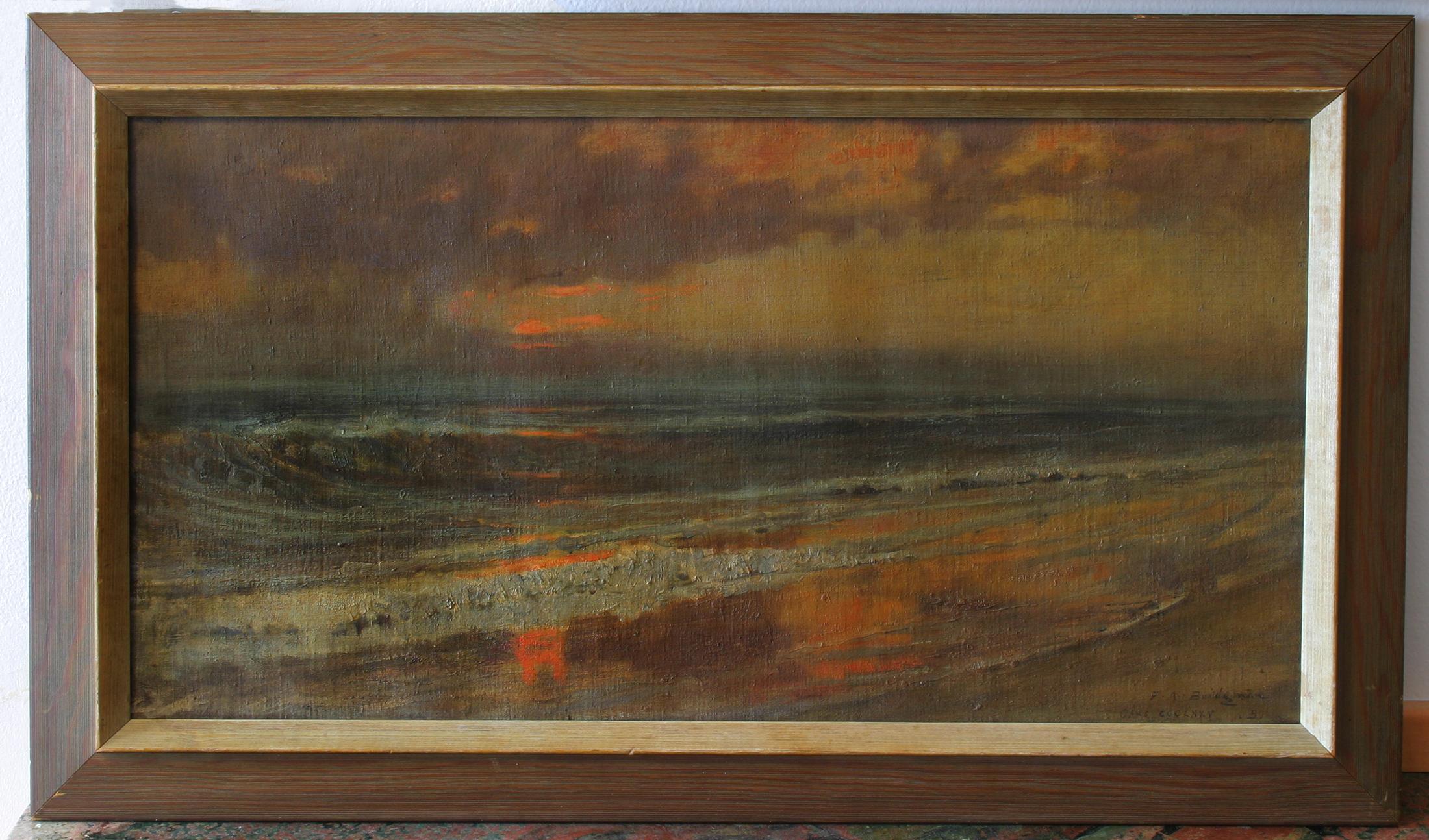 Coucher de soleil  Synchronisé avec une vague tombante - Marron Landscape Painting par Frederick Arthur Bridgman