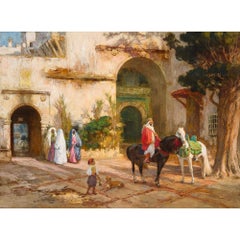 Gran óleo orientalista americano de un patio de F. A. Bridgman