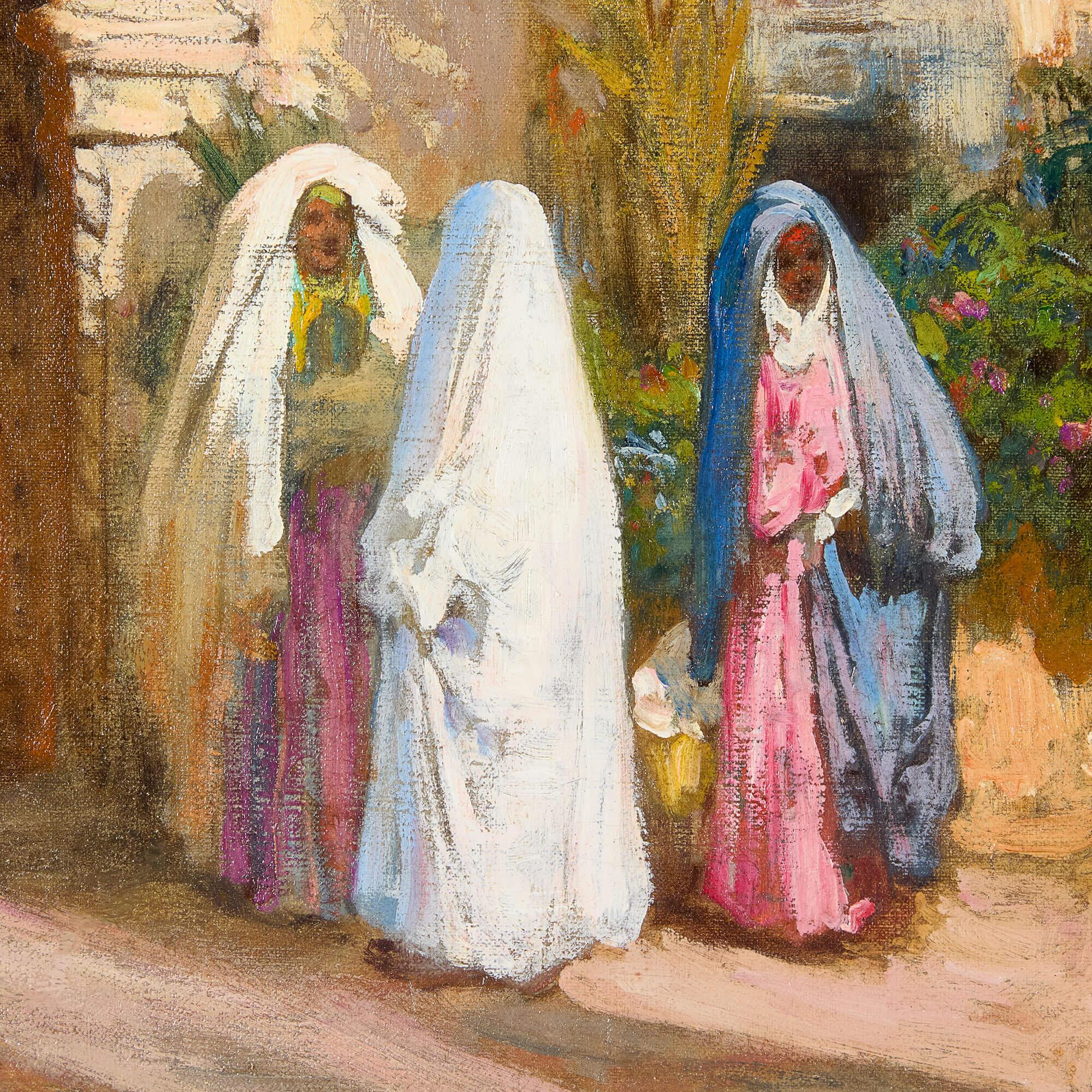 Großes amerikanisches orientalistisches Ölgemälde eines Innenhofs von F. A. Bridgman
Amerikaner, um 1900
Leinwand: Höhe 69cm, Breite 91cm
Rahmen: Höhe 95cm, Breite 108cm, Tiefe 8,5cm

Dieses wunderbare Gemälde des berühmten amerikanischen Künstlers