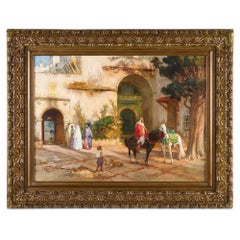 Grande dipinto a olio orientalista americano di un cortile di F. A. Bridgman