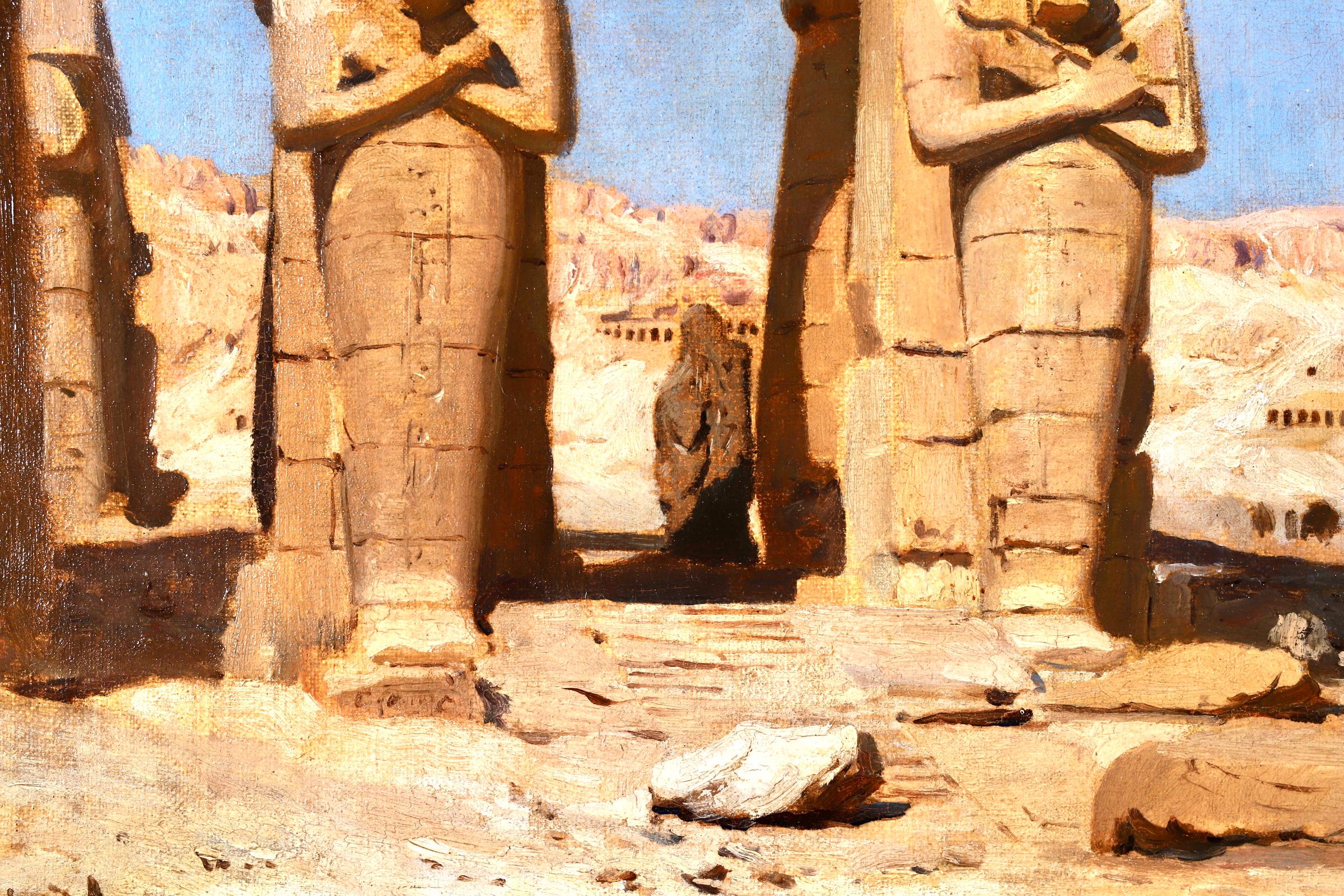 A wonderful oil on canvas by American orientalist painter Frederick Arthur Bridgman depicting The Colossi of Memnon - two large stone statues of Pharaoh Amenhotep III, who reigned in Egypt during the Eighteenth Dynasty of Egypt. The statues are