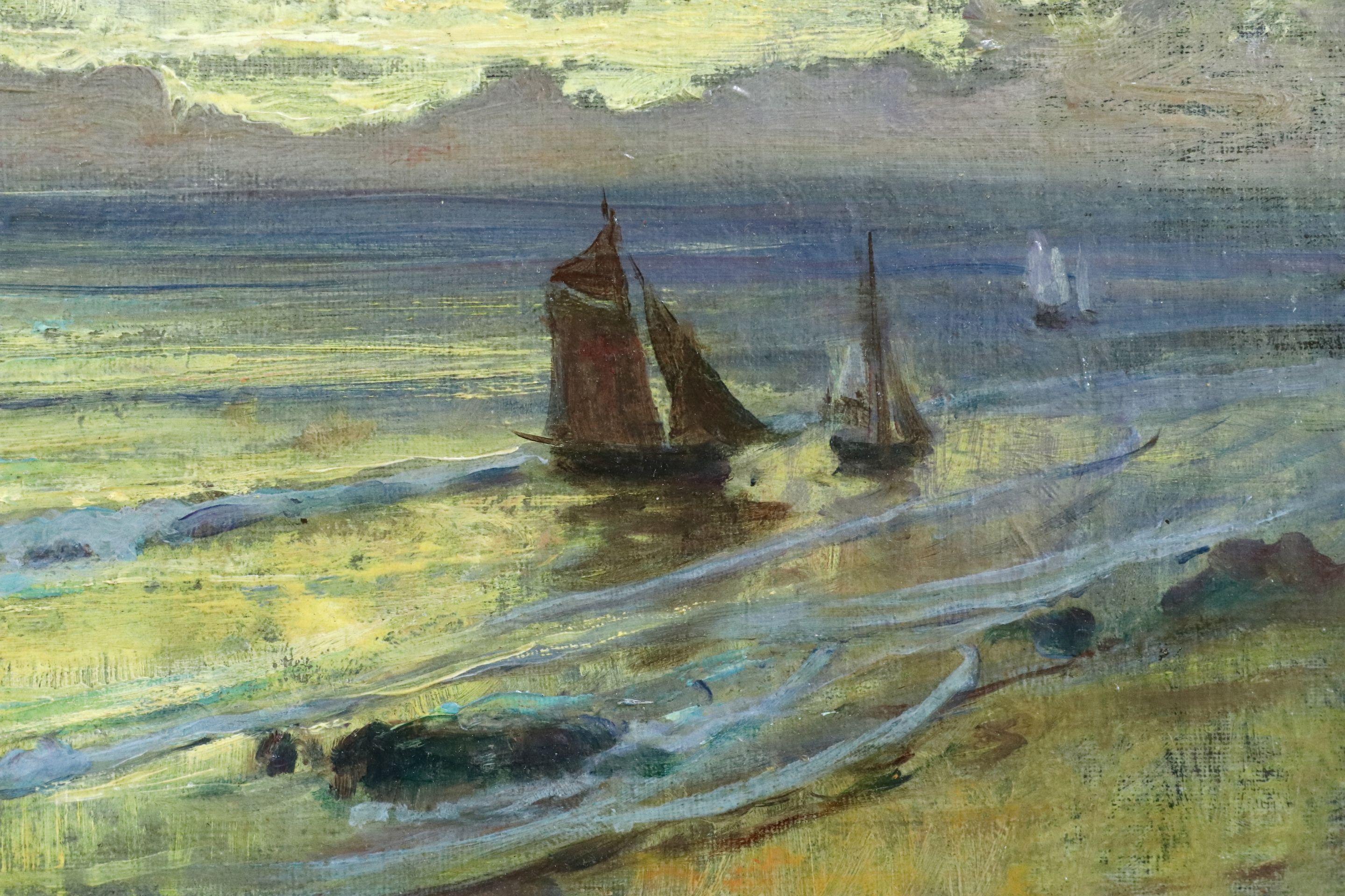 Oil on canvas circa 1910 by Frederick Arthur Bridgman depicting sailing boats at sea at sunset. Signed lower left. Framed dimensions are 12 inches high by 15.5 inches wide.

Frederick Bridgman started out in 1863 as an engraver for the American