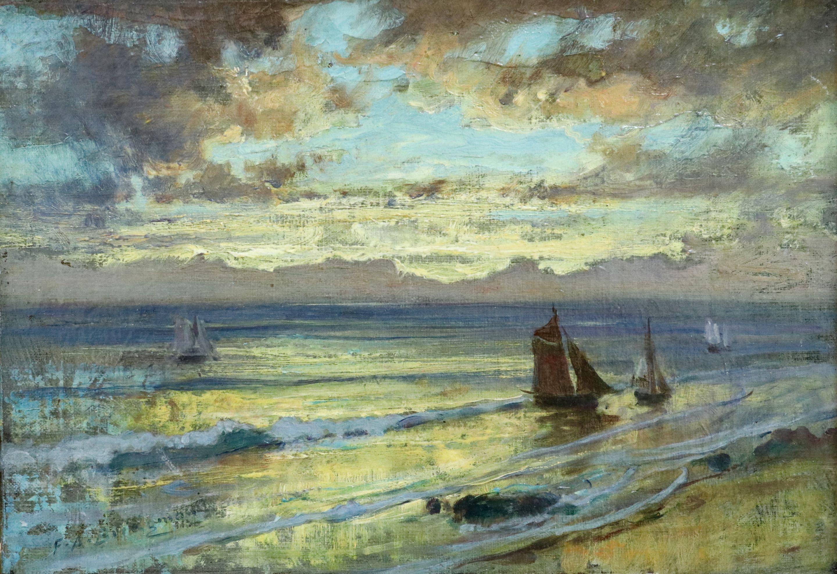 Sunset - 19th Century Oil, Boats at Sea at Evening Landscape by F A Bridgman - Painting by Frederick Arthur Bridgman
