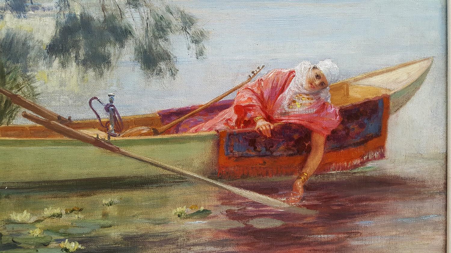 Sur le Bosphone, On the Bosphorus,  Magnifique jeune fille en bateau orientaliste - Gris Landscape Painting par Frederick Arthur Bridgman