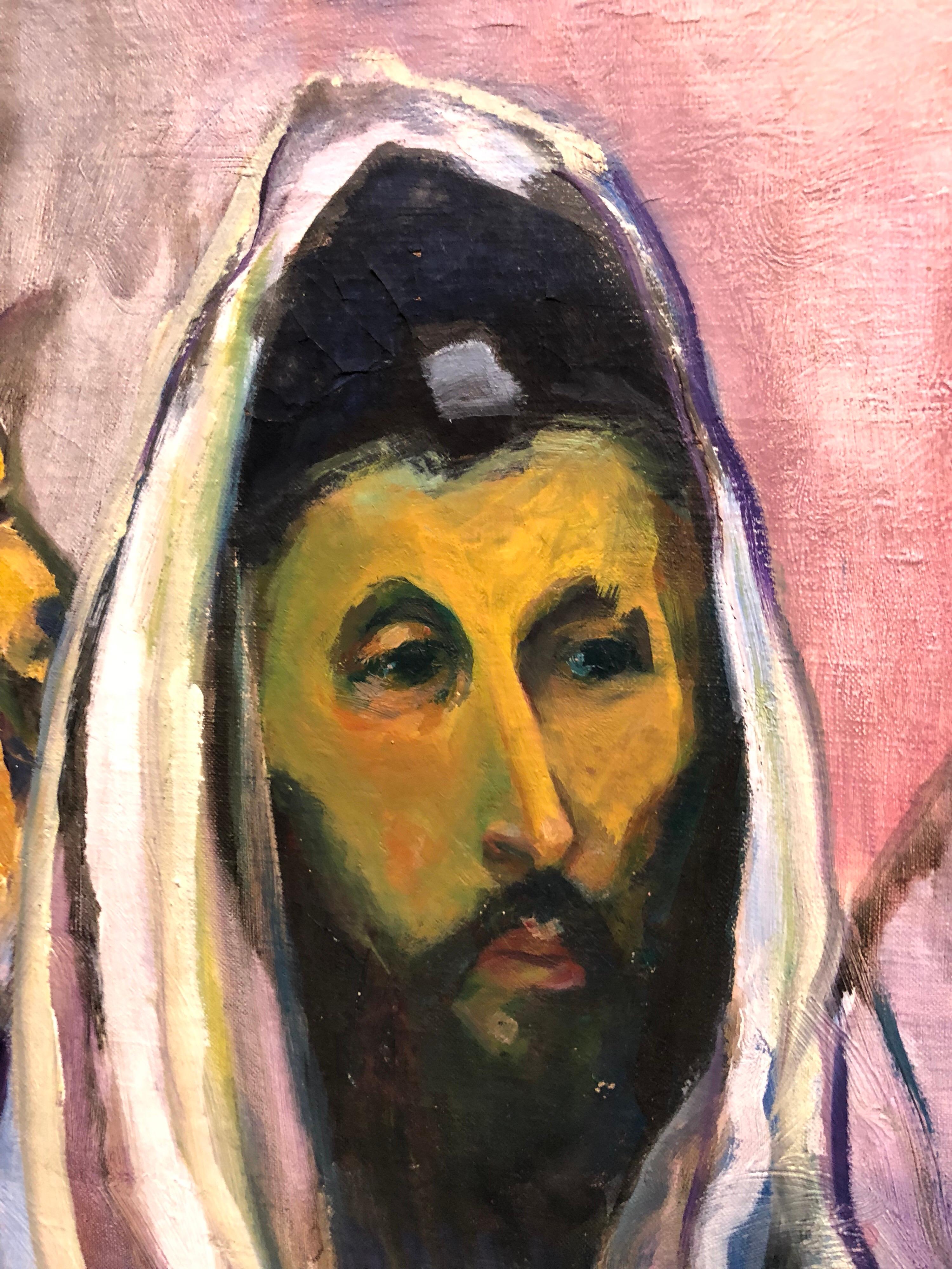 Polish French Fauvist Judaica Oil Painting Rabbi at Prayer For Sale 1