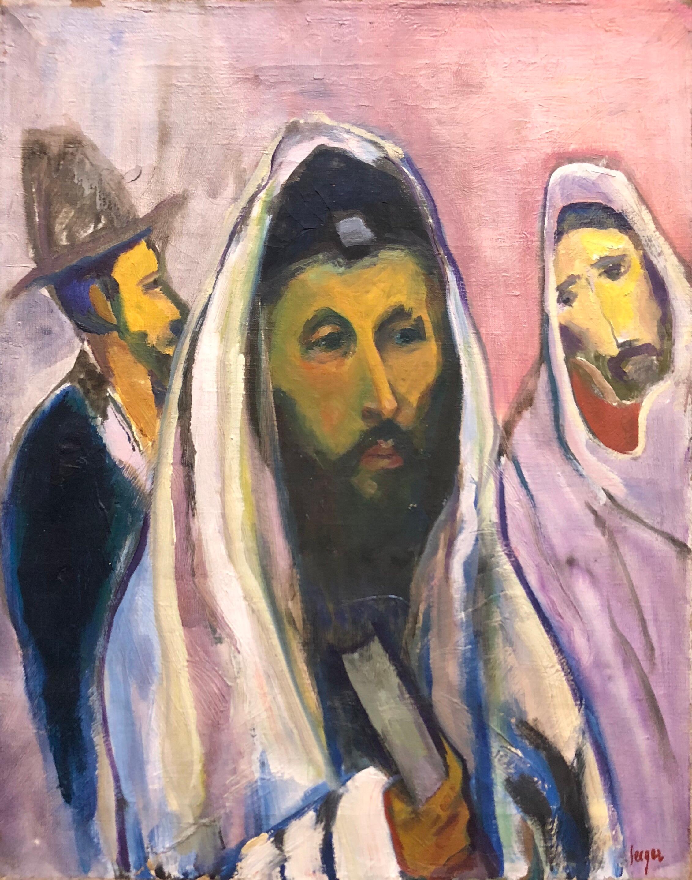 Polish French Fauvist Judaica Oil Painting Rabbi at Prayer