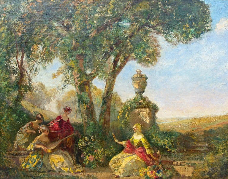 Large impressionist painting of ladies in the garden by American artist Frederick Ballard Williams (1871-1956). In a fabulous carved gilt frame. Oil on canvas, circa 1920s.

 Williams was a painter of romantic and decorative canvases especially
