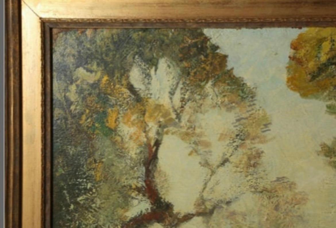 Overall: 31 1/2 by 36 1/2 inches 
Sight: 24 1/2 by 29 1/2 inches

Weight

Condition
with craquelure, relined, heavily overpainted throughout, with flaking and wear along the edge consistent with rubbing from the framE