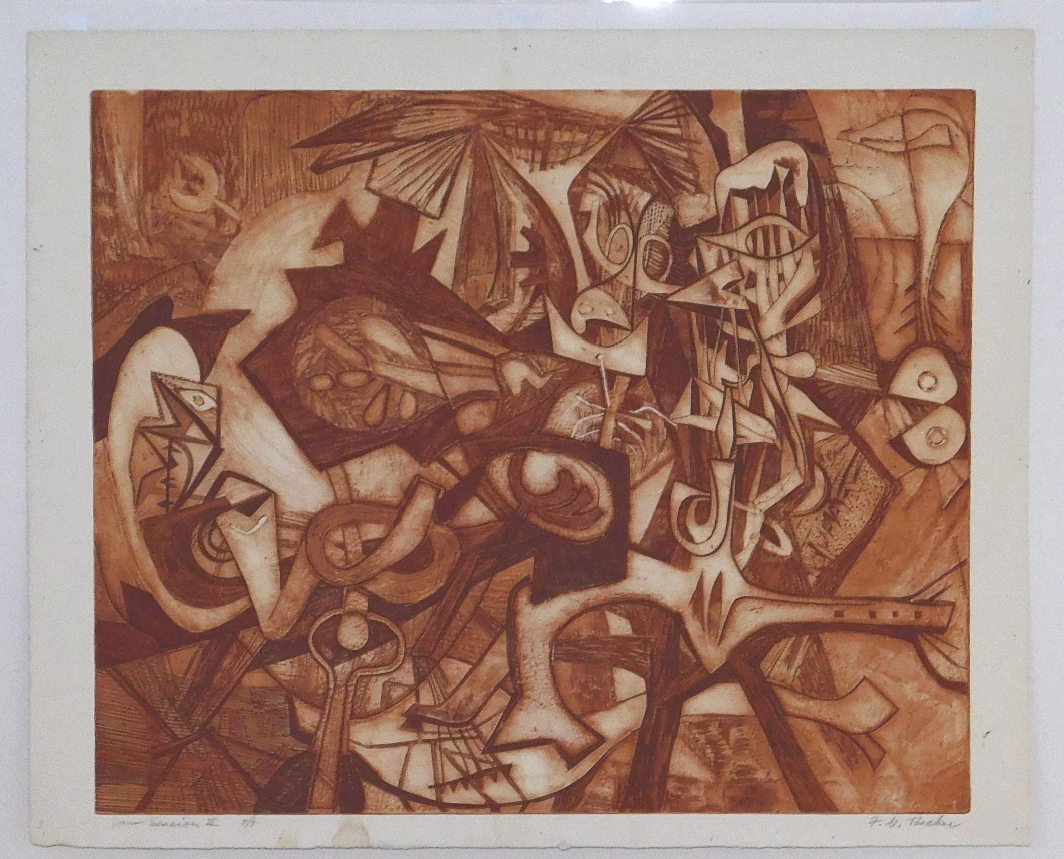 Wonderful abstract original etching in sepia ink by Frederick Becker (1913-2004).
The image measures 19 3/4