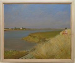 original English marine oil painting portrait of a LADY ON THE BEACH c. 1960s