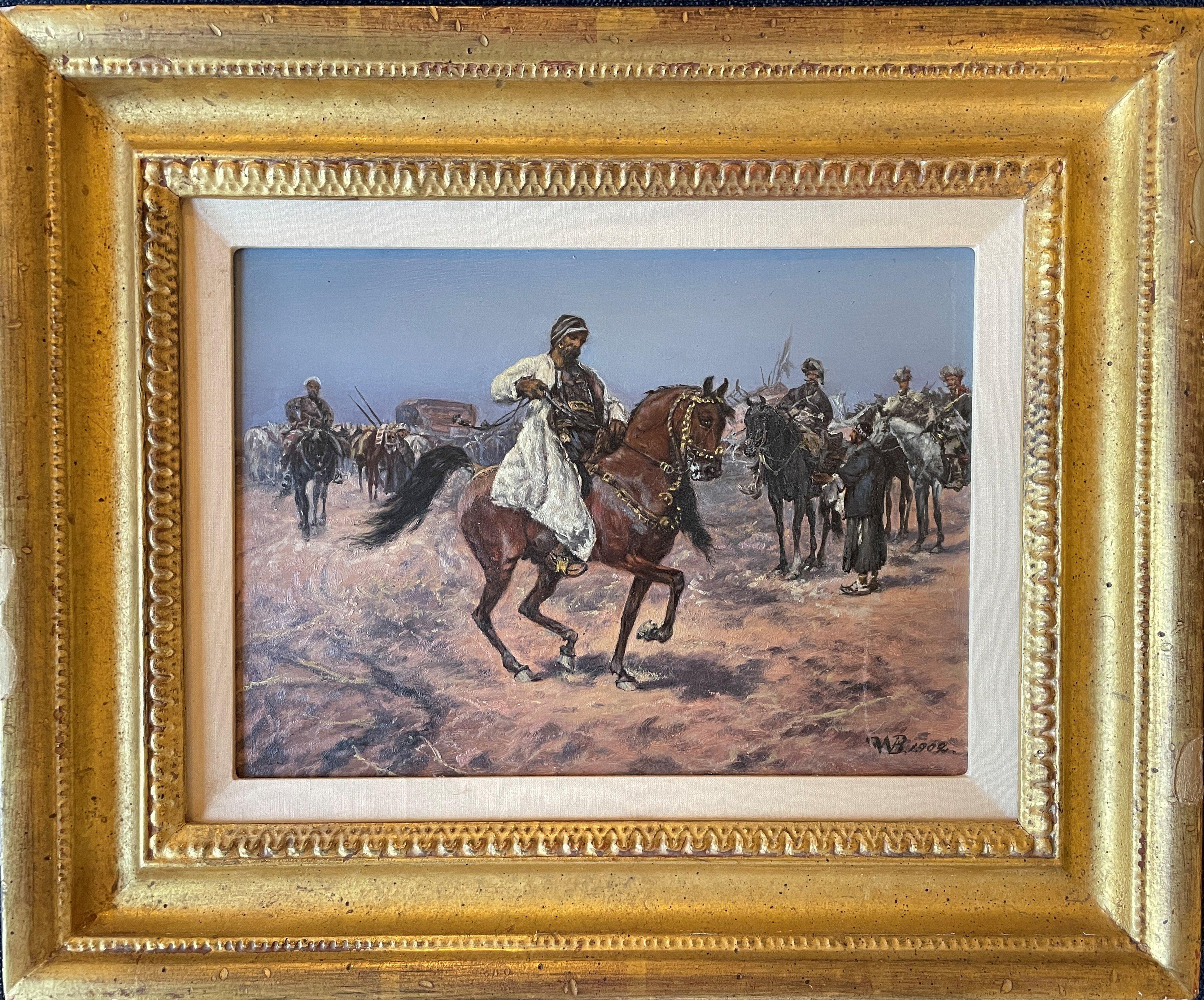 Frederick William Billing (1835 - 1914)
Algerian Horsemen in the Desert (Arabian Horses), 1902
Oil on board
7 x 9 3/4 inches
Signed and dated lower right

Provenance:
R. H. Love Galleries, Chicago
Private Collection, Orion Lake, Michigan

Frederick