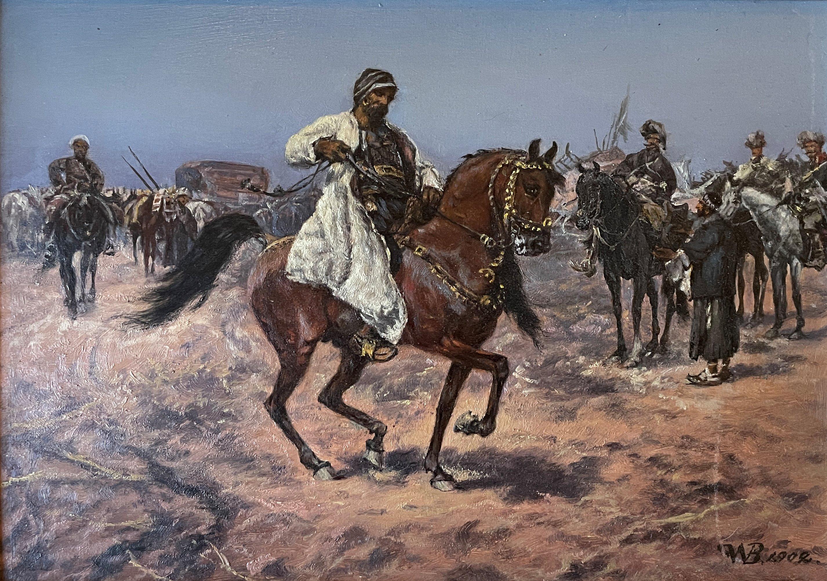 Frederick William Billing (1835 - 1914)
Algerian Horsemen in the Desert (Arabian Horses), 1902
Oil on board
7 x 9 3/4 inches
Signed and dated lower right

Provenance:
R. H. Love Galleries, Chicago
Private Collection, Orion Lake, Michigan

Frederick