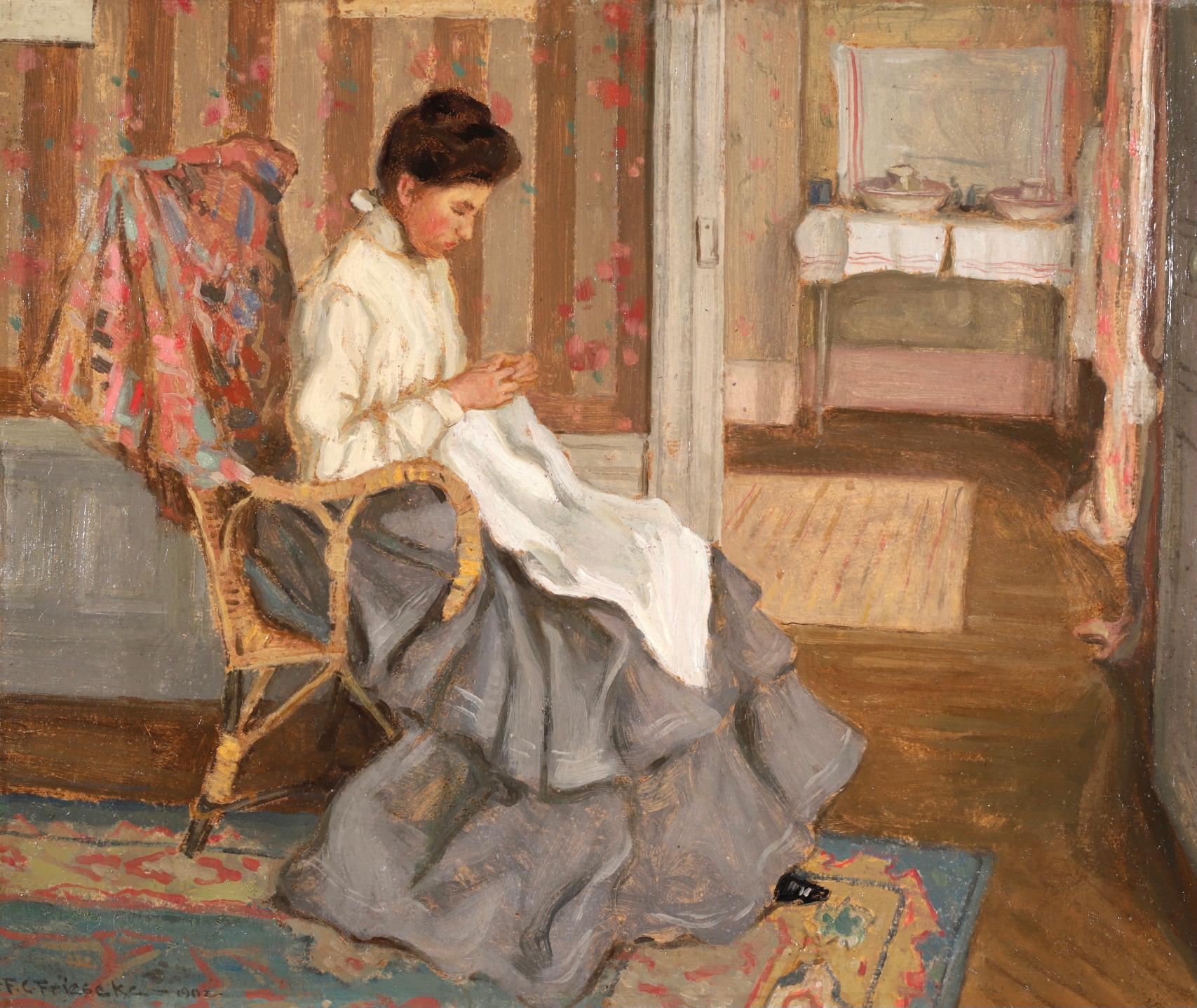 Medora Clark Sewing - Impressionist Oil, Figure in Interior - Frederick Frieseke - Painting by Frederick Carl Frieseke
