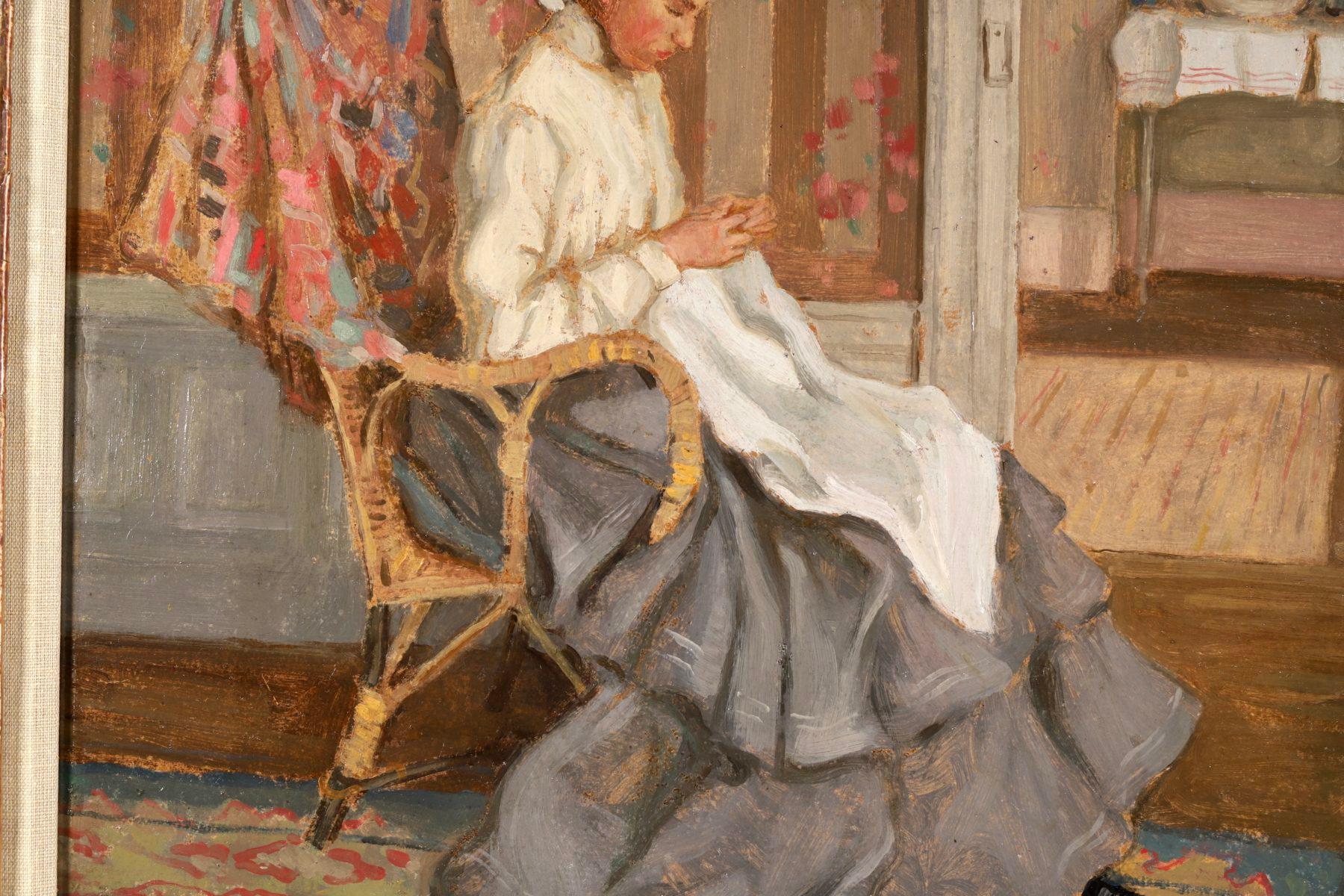 Medora Clark Sewing - Impressionist Oil, Figure in Interior - Frederick Frieseke - American Impressionist Painting by Frederick Carl Frieseke