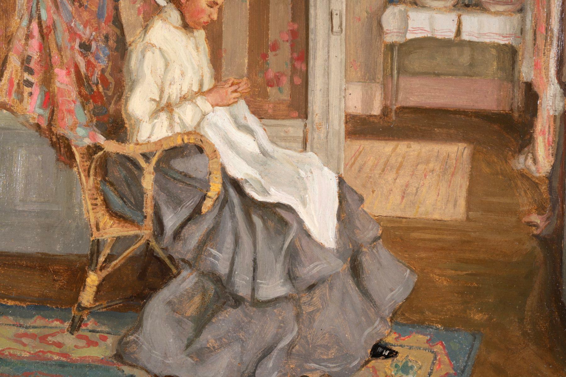 Medora Clark Sewing - Impressionist Oil, Figure in Interior - Frederick Frieseke - Beige Figurative Painting by Frederick Carl Frieseke