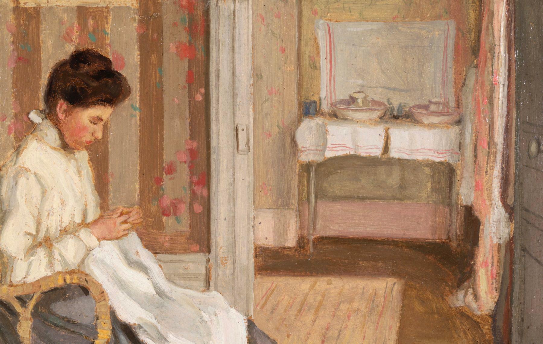 Medora Clark Sewing - Impressionist Oil, Figure in Interior - Frederick Frieseke 1