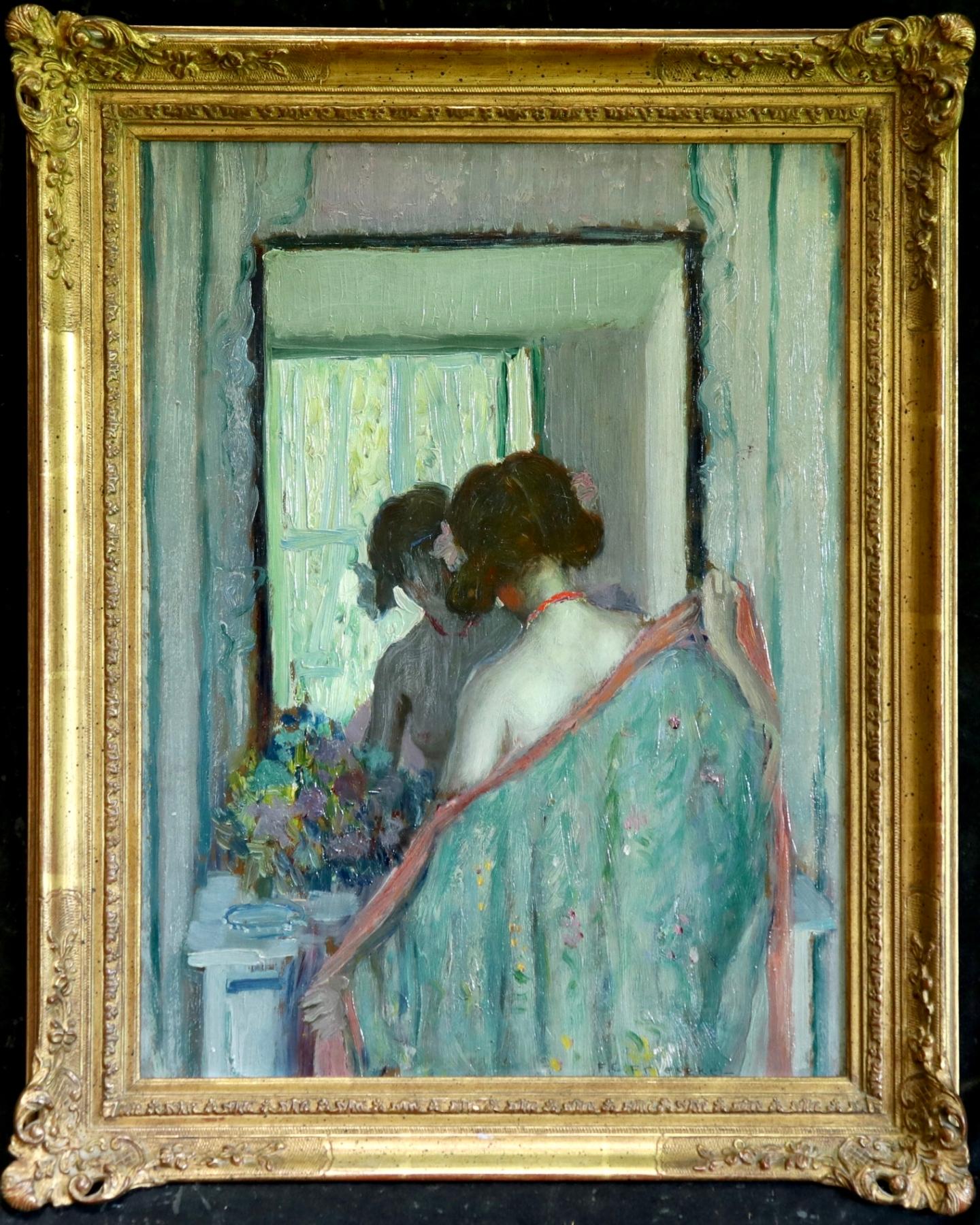 Reflections - Girl in a Mirror - American Impressionist Oil - Frederick Frieseke - Painting by Frederick Carl Frieseke