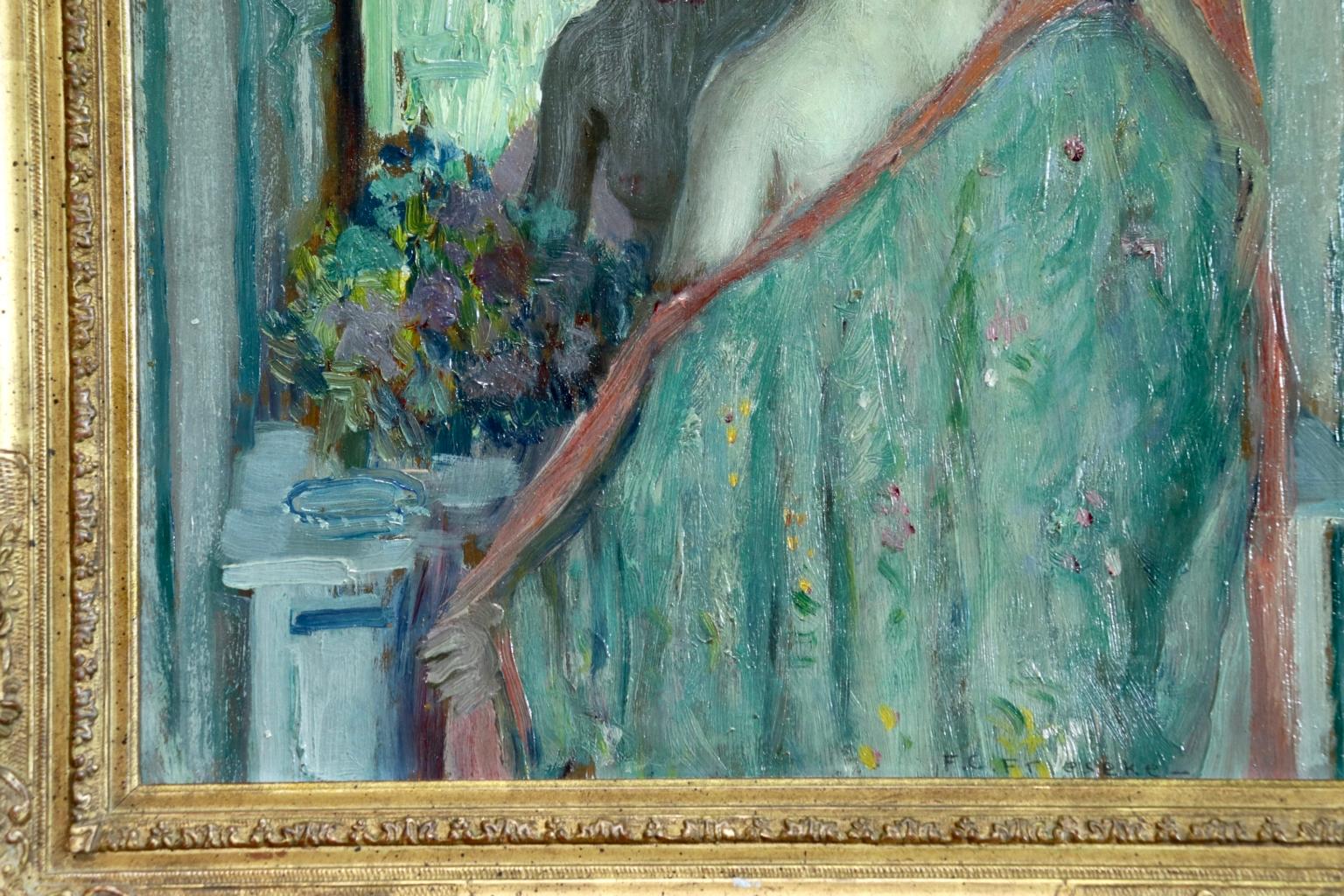 Reflections - Girl in a Mirror - American Impressionist Oil - Frederick Frieseke - Gray Nude Painting by Frederick Carl Frieseke