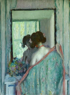 Reflections - Jeune fille dans un miroir - Huile impressionniste américaine - Frederick Frieseke