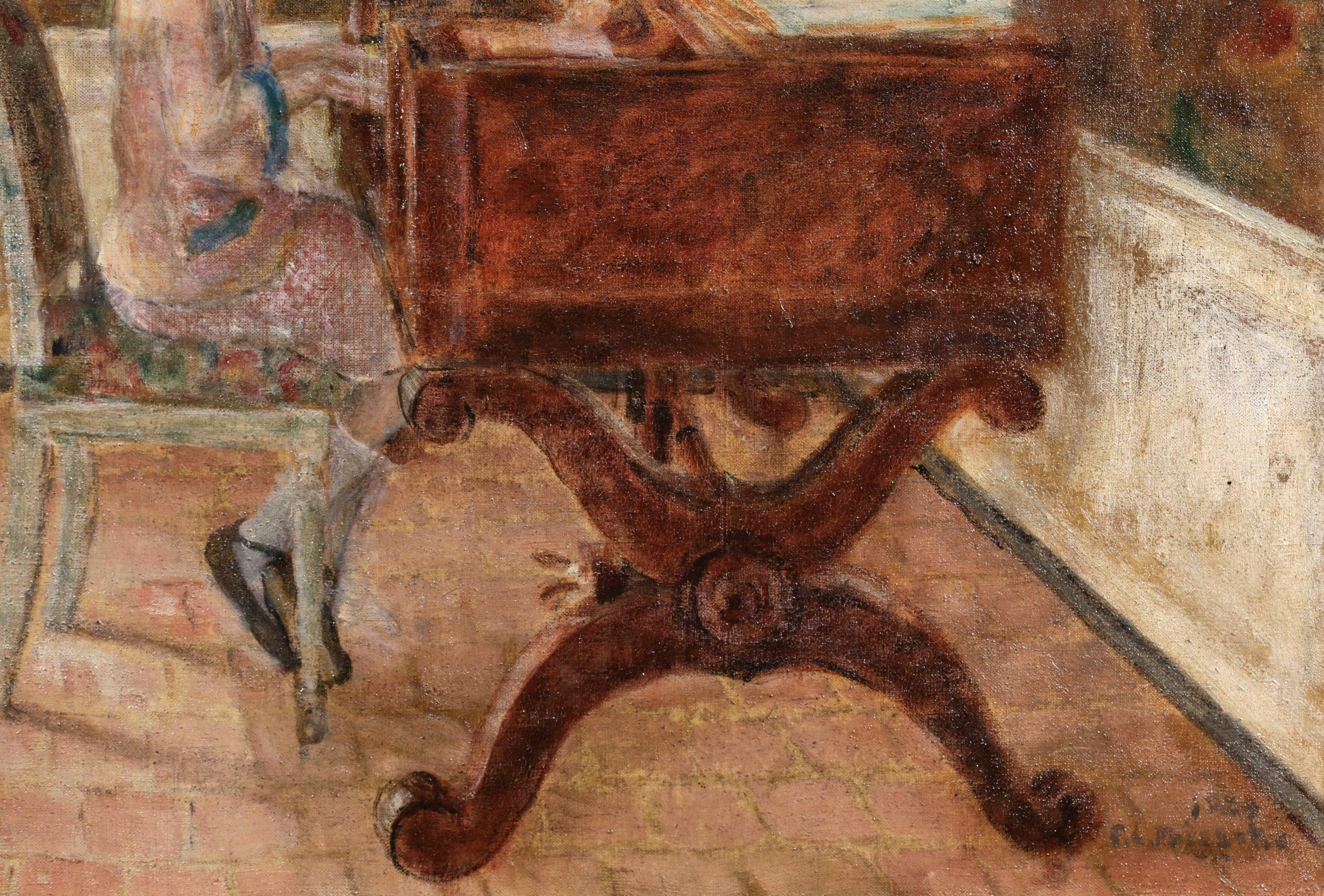 Signiert und datiert Öl auf Leinwand Figur im Interieur Gemälde von amerikanischen impressionistischen Maler Frederick Carl Frieseke. Das Stück zeigt ein junges Mädchen in einem rosa Kleid, das an einem Klavier sitzt und ein Konzert spielt. Das