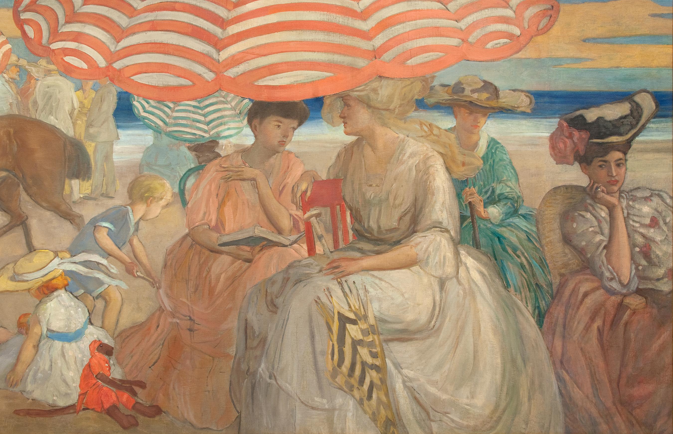 Under the Striped Umbrella - American Impressionist Painting by Frederick Carl Frieseke