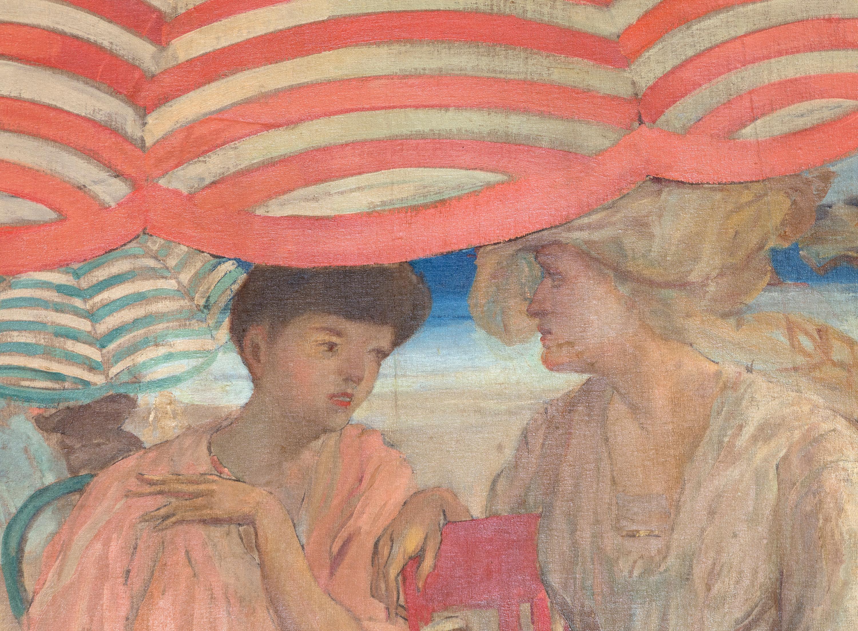 Under the Striped Umbrella - Brown Figurative Painting by Frederick Carl Frieseke