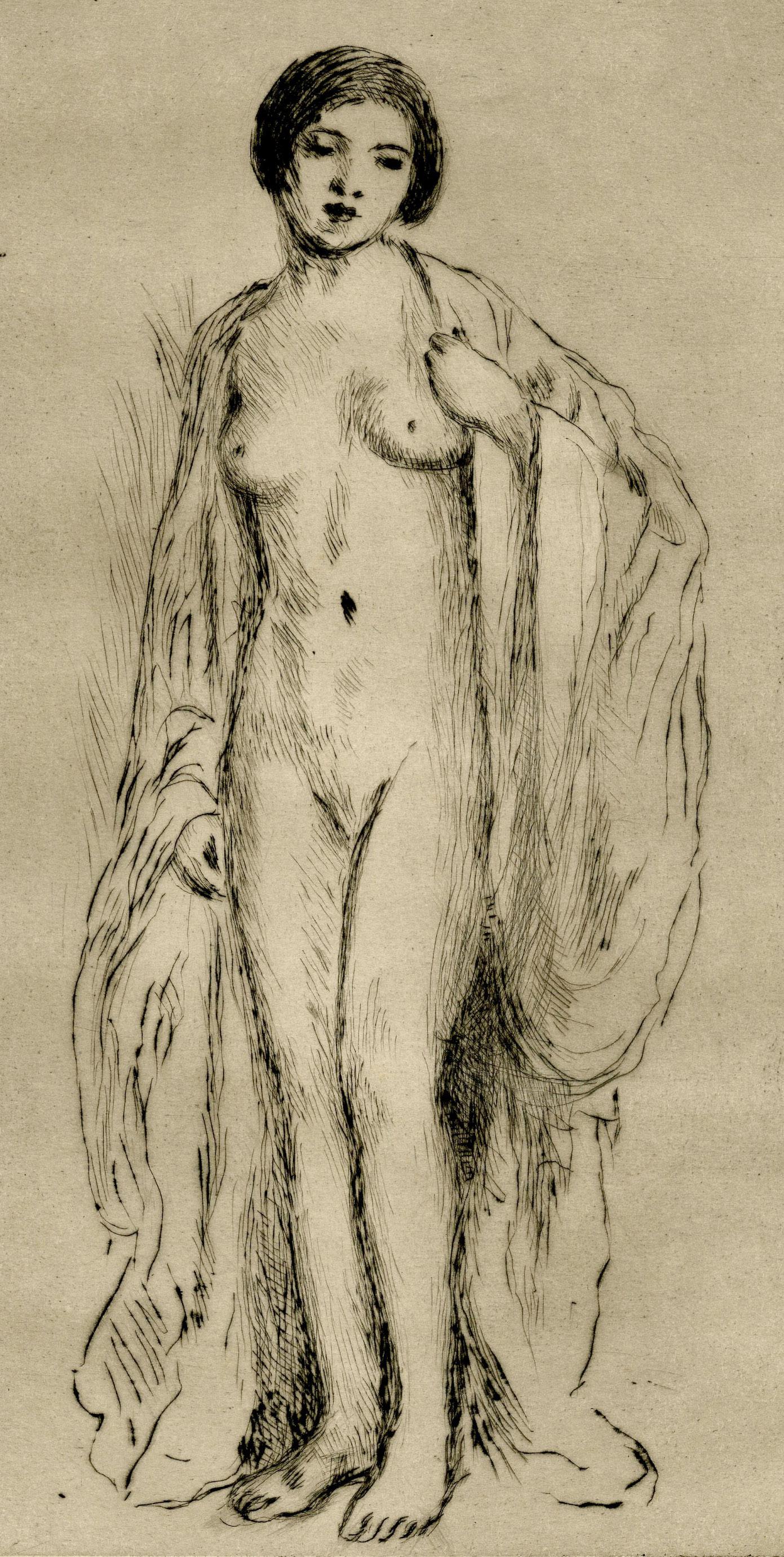 Nu féminin debout
Pointe sèche, c.C. 1910
Non signé
Authentification de la succession au verso (voir photo)
Authentification de la succession au verso par Frances Frieseke Kilmer (Mme Kenton Kilmer, 1914-1998) (voir photo)
Représente probablement la