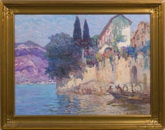 Antique American Impressionist Lake Como Italian Landscape Framed Oil Painting