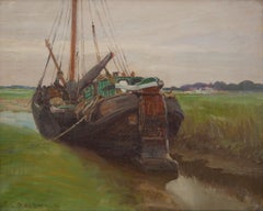 Docked in the Mudflats, Early 20th Century Dutch Seascape w/ Boat