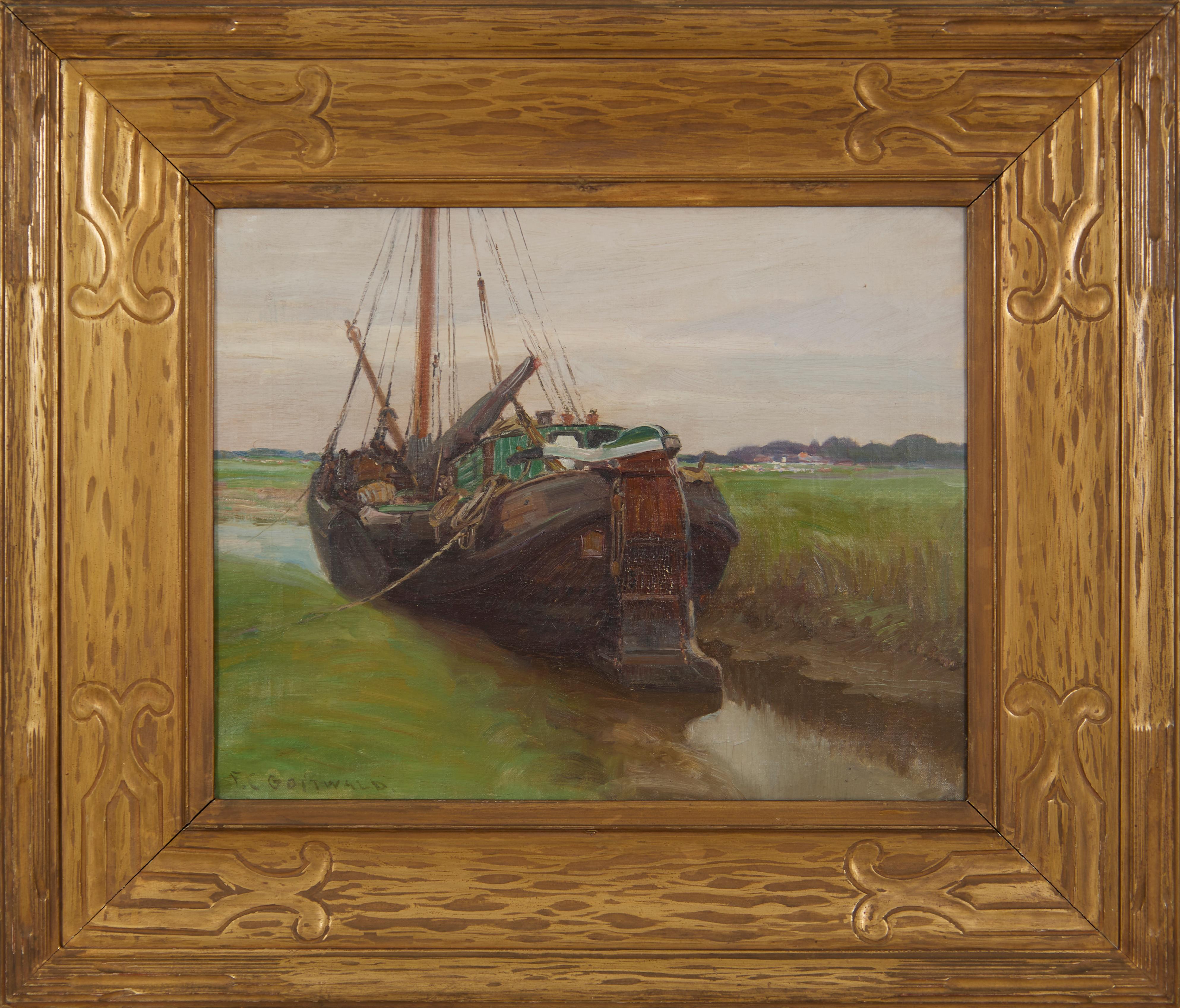 Frederick Carl Gottwald Figurative Painting - Docked in the Mudflats, Early 20th Century Dutch Seascape w/ Boat