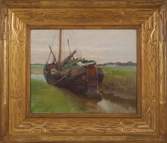 Frederick Carl Gottwald - Docked in the Mudflats, Early 20th Century Dutch Seascape w/ Boat Docked in the Mudflats, Early 20th Century Dutch Seascape w/ Boat
