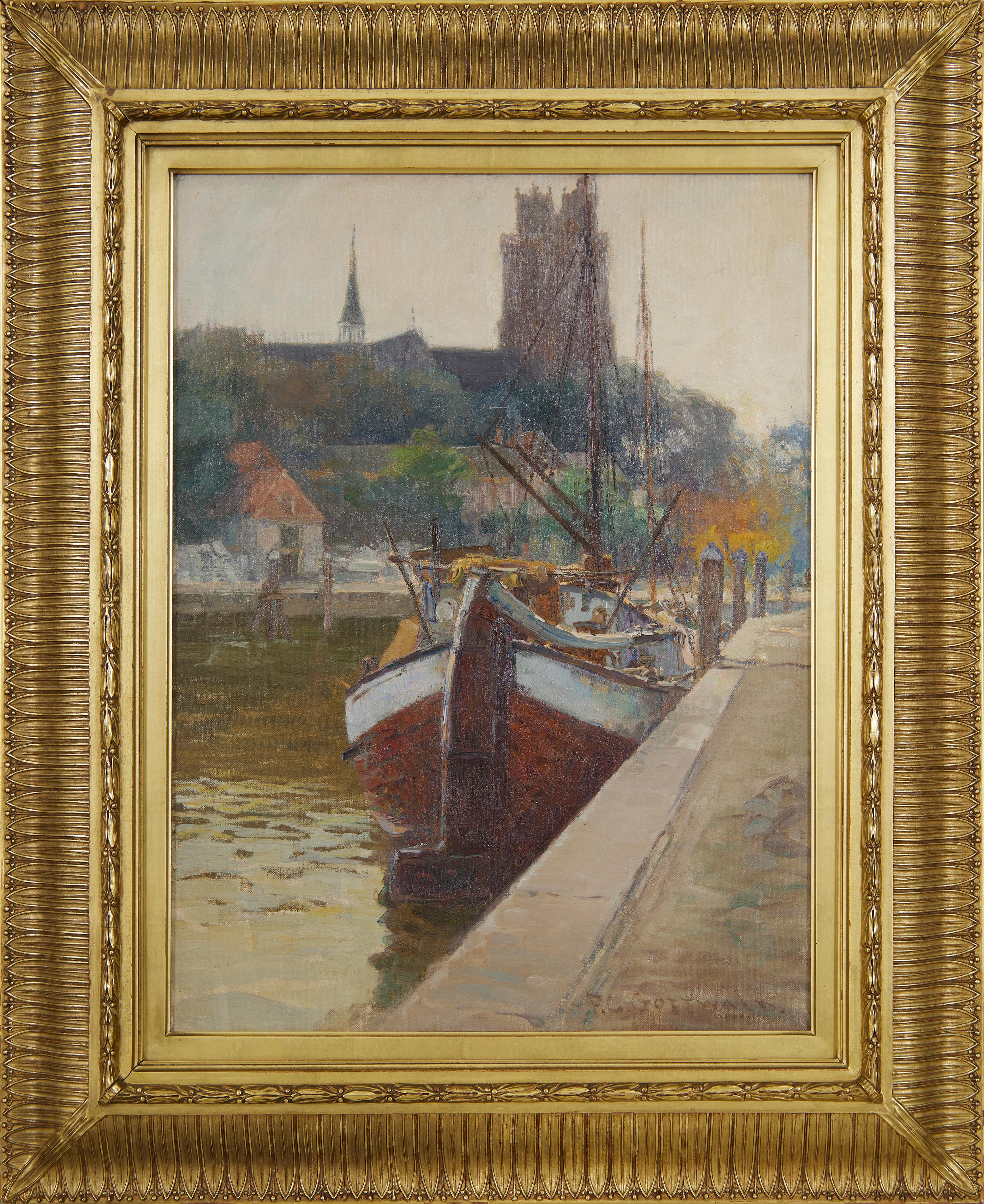 Docked in Town, Early 20th Century Dutch Village Landscape w/ Boat