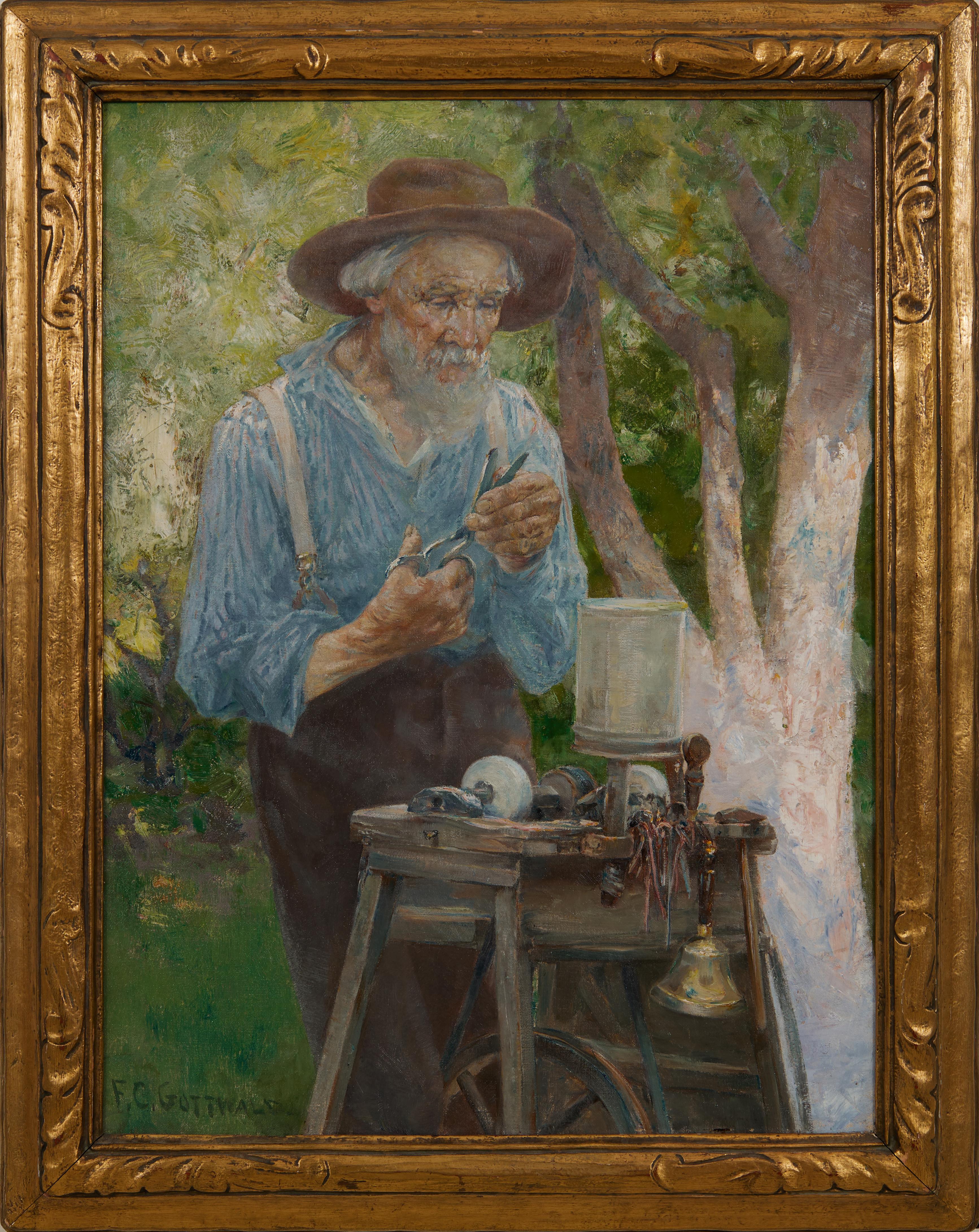 Meuleuse à ciseaux, peinture impressionniste de la fin du 19e siècle - Painting de Frederick Carl Gottwald
