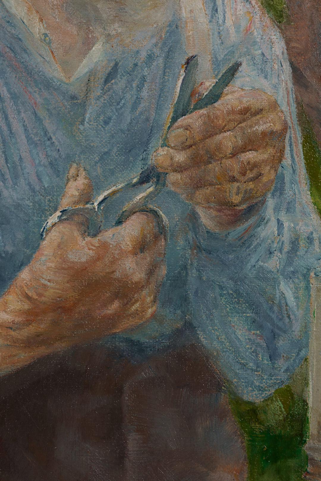 Meuleuse à ciseaux, peinture impressionniste de la fin du 19e siècle - Noir Figurative Painting par Frederick Carl Gottwald