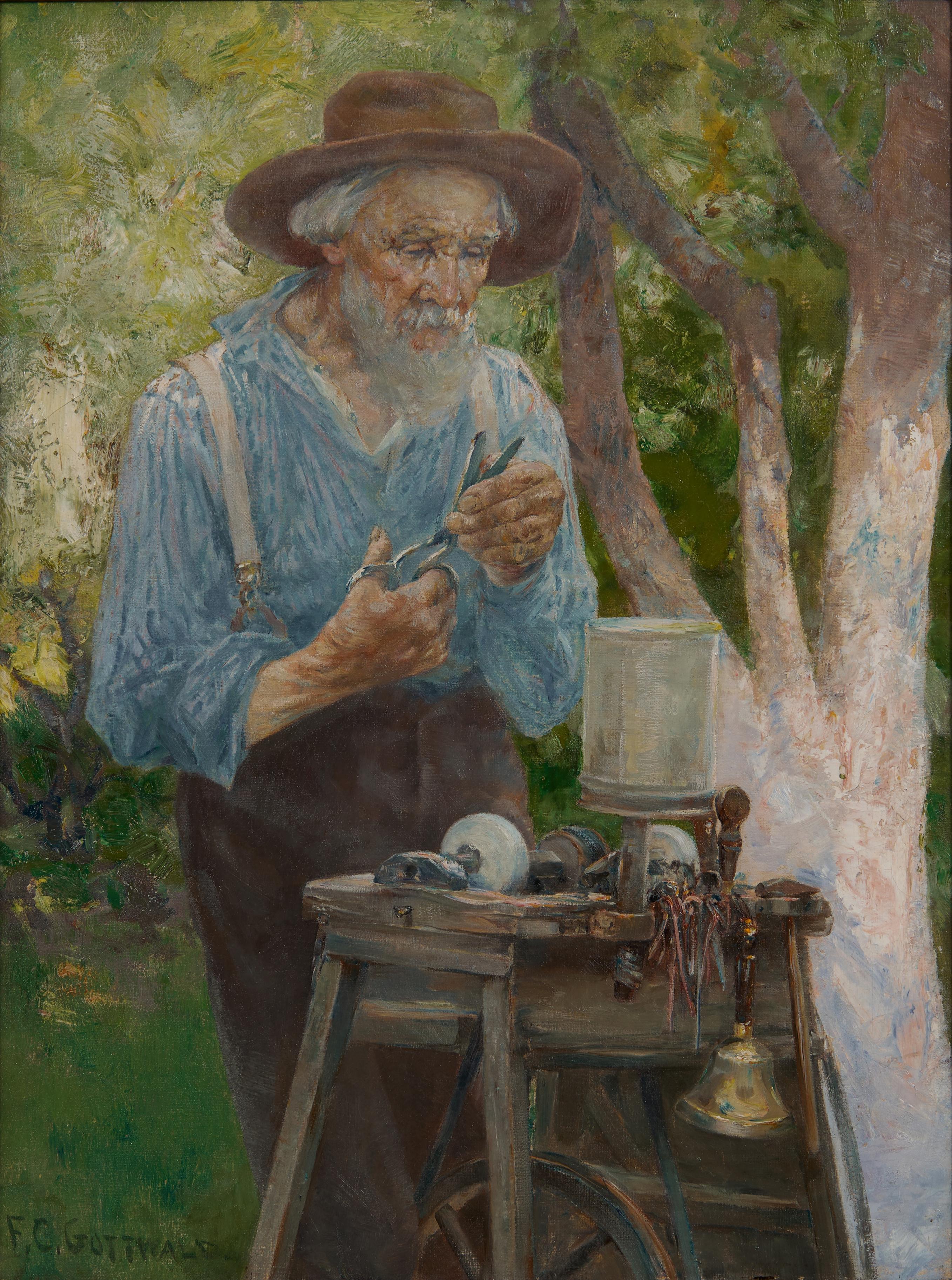 Figurative Painting Frederick Carl Gottwald - Meuleuse à ciseaux, peinture impressionniste de la fin du 19e siècle