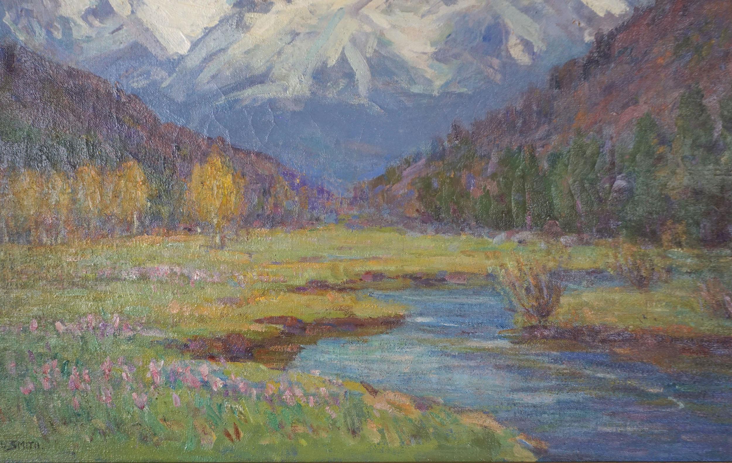 Frühes 20. Jahrhundert Original-Ölgemälde Landschaft - Hohe Sierras Alpine Wiese (Grau), Landscape Painting, von Frederick Carl Smith