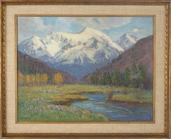 Paesaggio dipinto a olio originale dei primi del Novecento -- Prato alpino dell'Alta Sierra