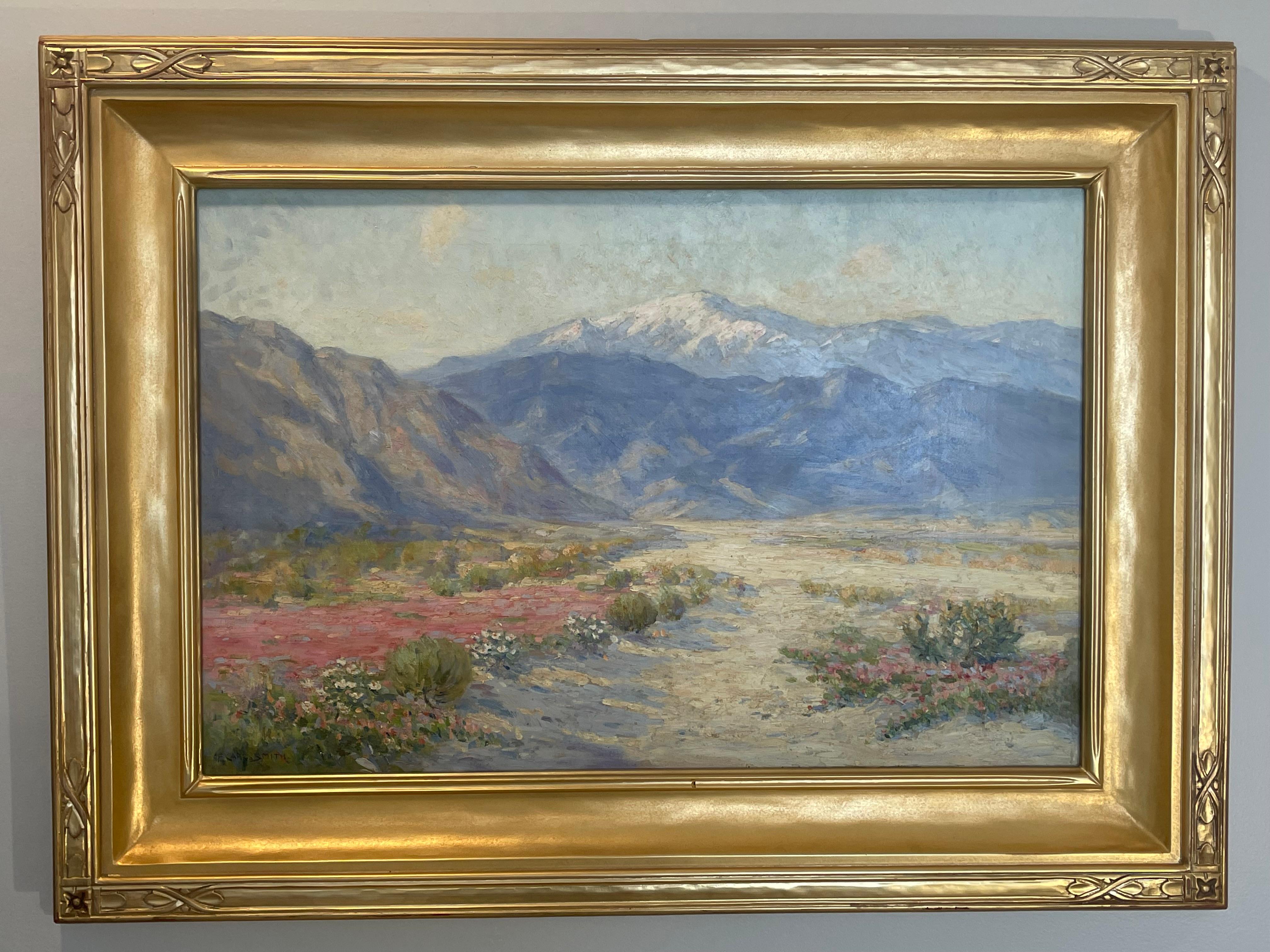 Ein sehr schönes impressionistisches Gemälde, das Wildblumen in der Wüste bei Palm Springs, Kalifornien, zeigt.
In einem klassischen, geschnitzten, blattvergoldeten Rahmen.
Die Abmessungen des Rahmens betragen 30 x 40 Zoll.
Signiert 